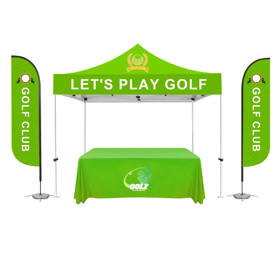 10x10 White Steel Canopy With 2 Feather Flags & Table Throw