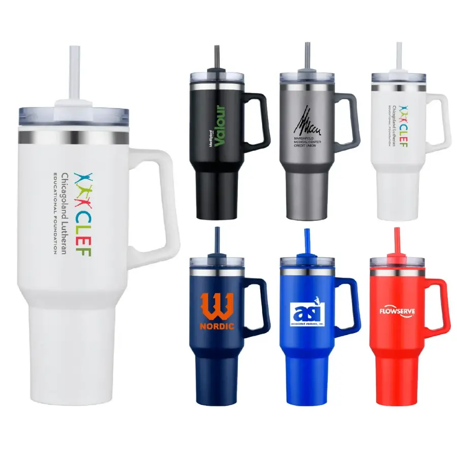 40 oz. Double Wall Insulated Travel Mug w/ Handle and Straw