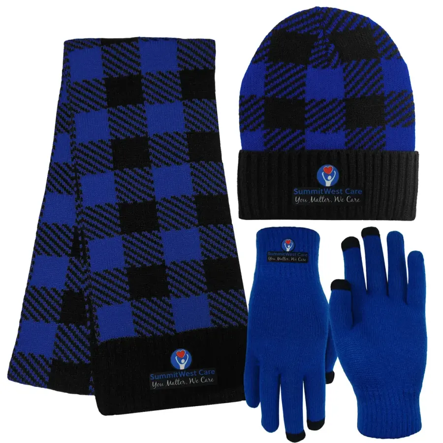 Buffalo Plaid Knit Cap, Scarf and Text Gloves Combo