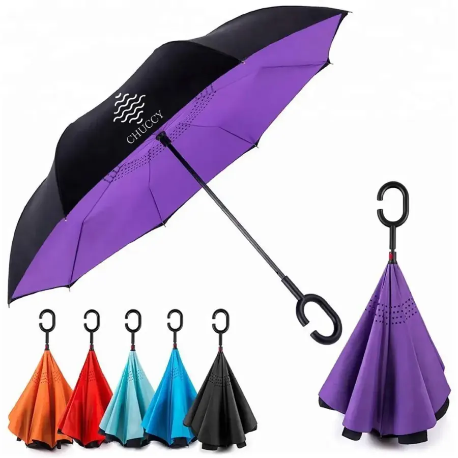 C-Shape Handle Double Layer Inverted Self-Standing Umbrella