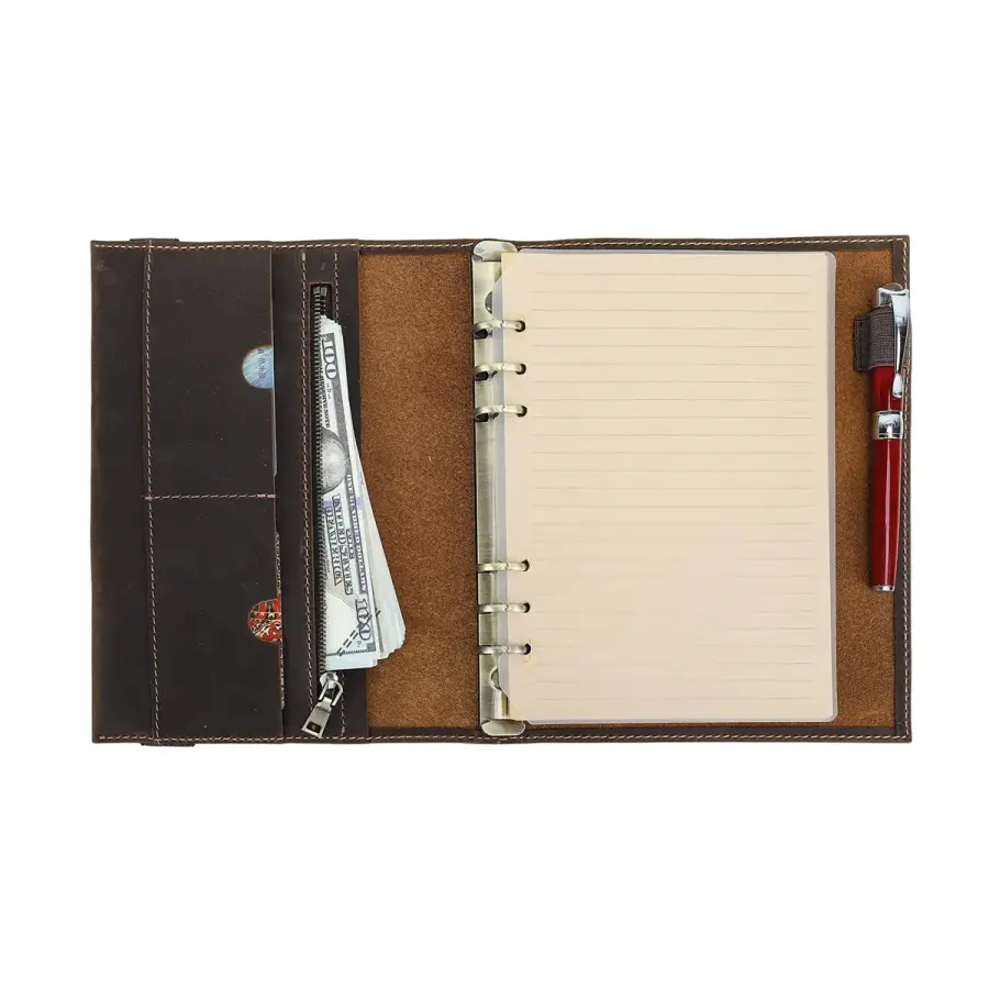 Full-Grain Leather A5 6-Ring Refillable Padfolio in Coffee