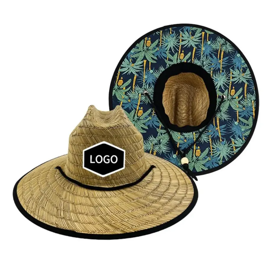 Straw Hat With Custom Patch And Full Color Underbrim Imprint in Brown