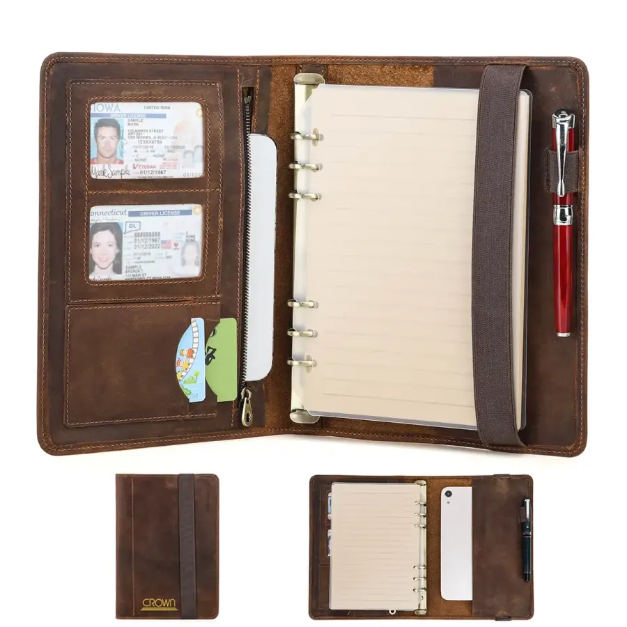 Vintage Leather Padfolio with 6-Ring Binder Notebook