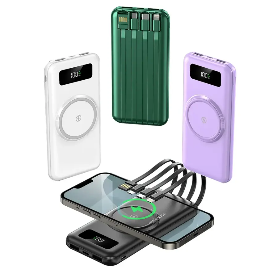 10000 Mah Power Bank W/ 4 Built-in Cable & Wireless Charger