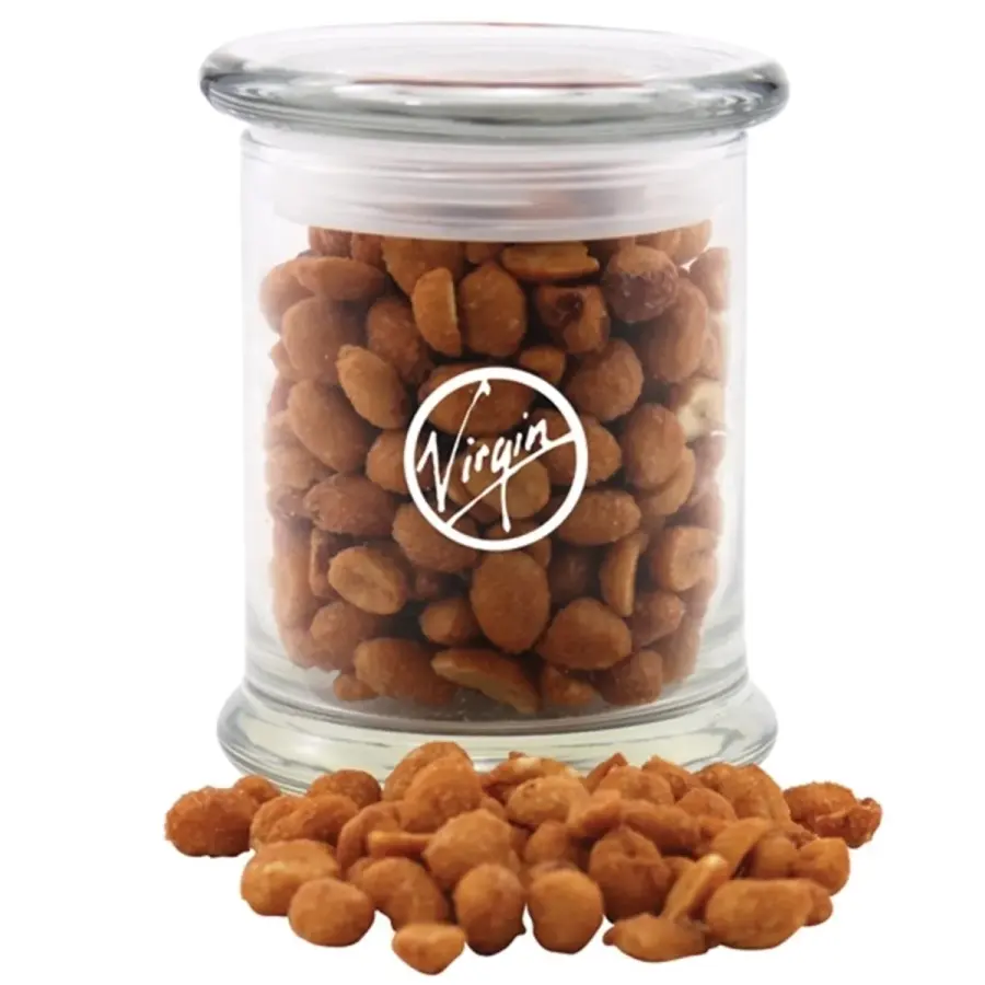 Honey Roasted Peanuts in a Large Round Glass Jar with Lid