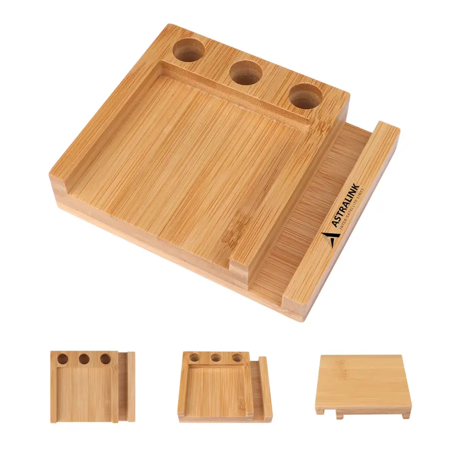 Bamboo Desk Organizer Phone Holder W/ Sticky Notes&Pen Holes